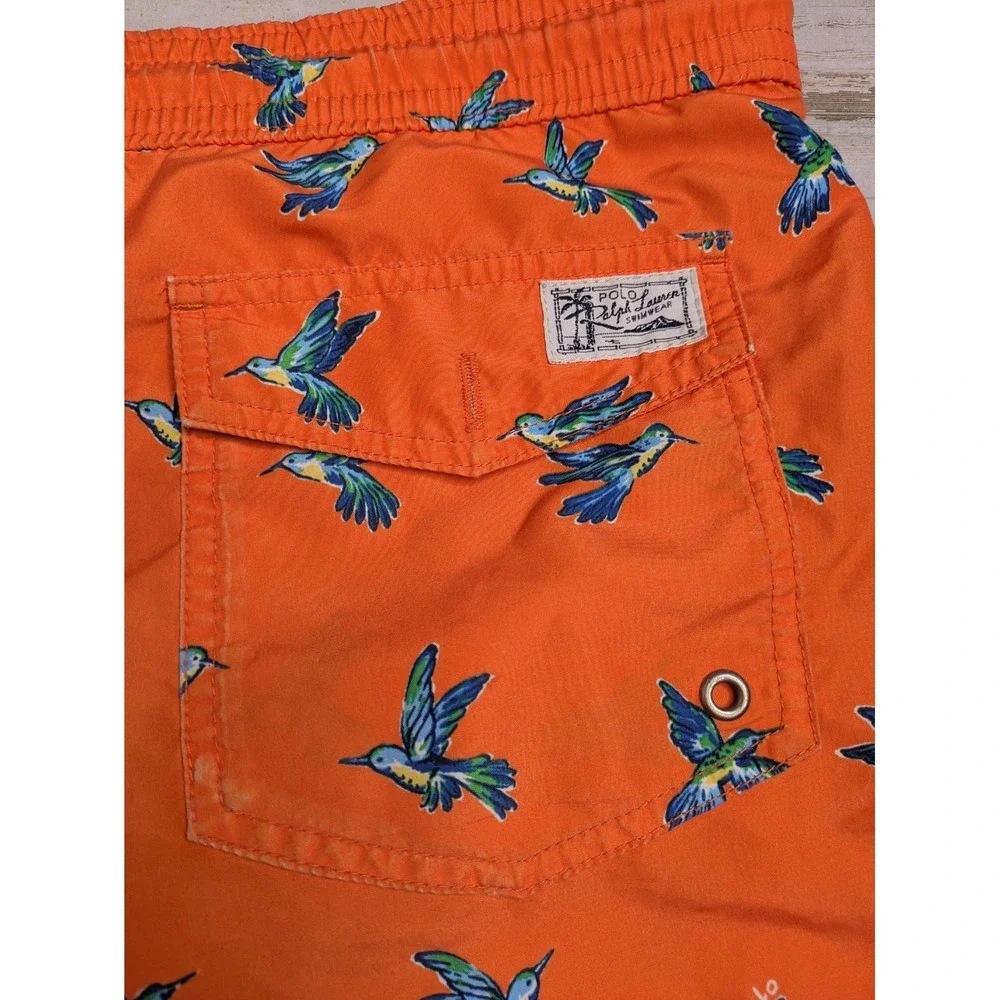 Polo Ralph Lauren Swim Trunks Mens M Hummingbird Print Orange Drawstring Beach